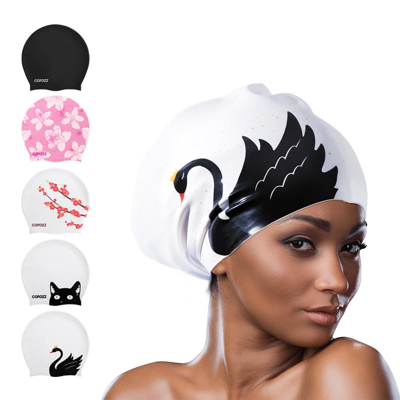 COPOZZ Extra Large Swim Cap, Designed for Long Hair Braids Dreadlocks Weaves Hair Extensions Curls & Afros, Silicone Bathing Cap Swimming Hat for Women Men - Image 1